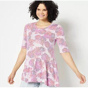 LOGO by Lori Goldstein Printed Slub Knit Peplum Pink Top - Size M